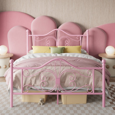 Metal Bed With Butterfly Pattern Design Headboard And Footboard