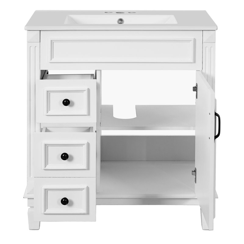 Meuble-lavabo de 30 po avec lavabo en céramique de haute qualité, mécanisme de fermeture en douceur des tiroirs et tiroirs de fermeture des tablettes réglables, conception élégante pour les petits espaces