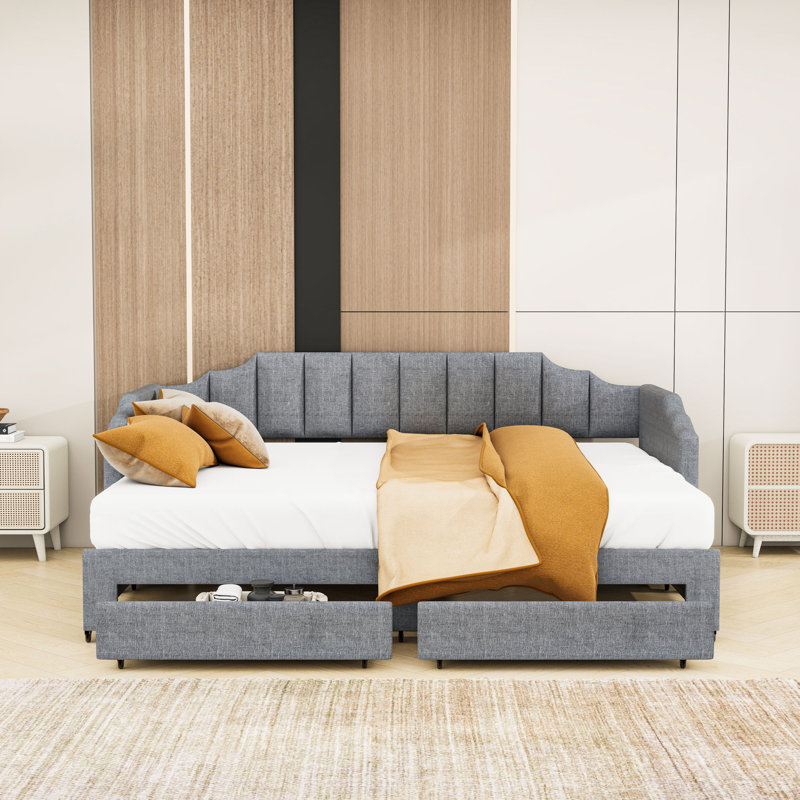 Twin XL Size Extendable Upholstered Daybed with LED Light and Storage Drawers, Gray