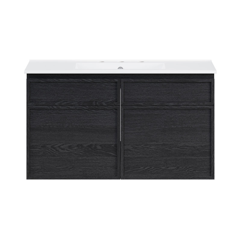 St. Tropez 36" Wall-Mounted Bathroom Vanity In Black Oak With 3-Hole Widespread Sink Top, Black, White, 36.5"