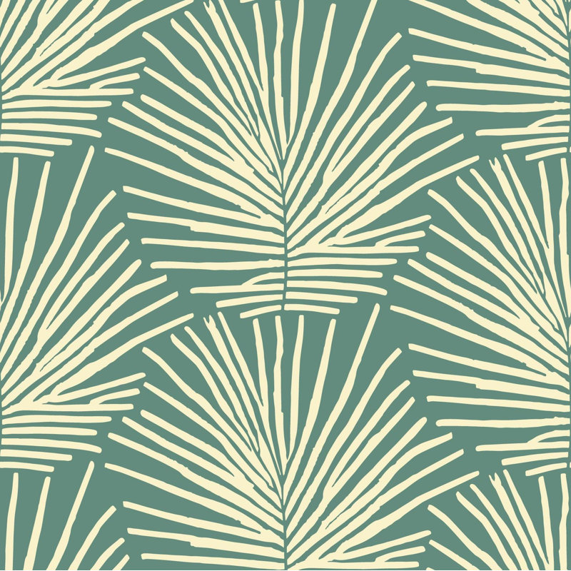 Papier peint Isle of Palms, Non encollé, Bleu sarcelle / crème, Toile de ramie synthétique