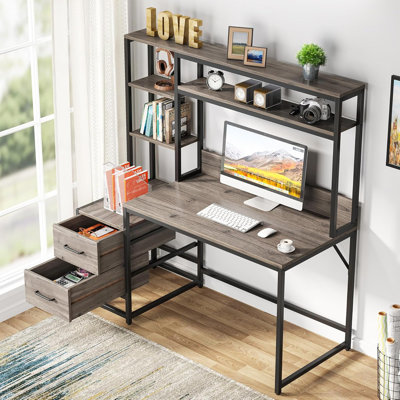 55 Inches Grey Computer Desk With Hutch, 2 Drawers & Open Shelves