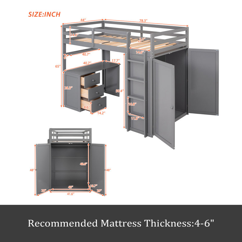 Lit mezzanine avec tiroirs, bureau et garde-robe, Lit simple, Gris