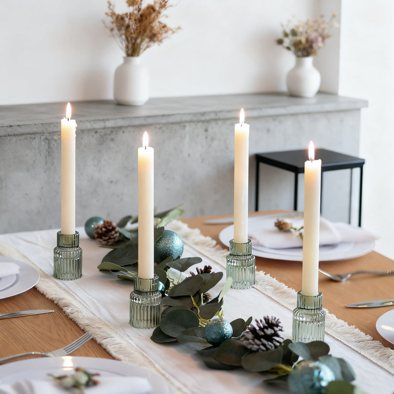 Set Of 10 Glass Taper Candle Holders, Modern Ribbed Candlestick Holders For Table Centerpiece And Dining Room Decor, Green