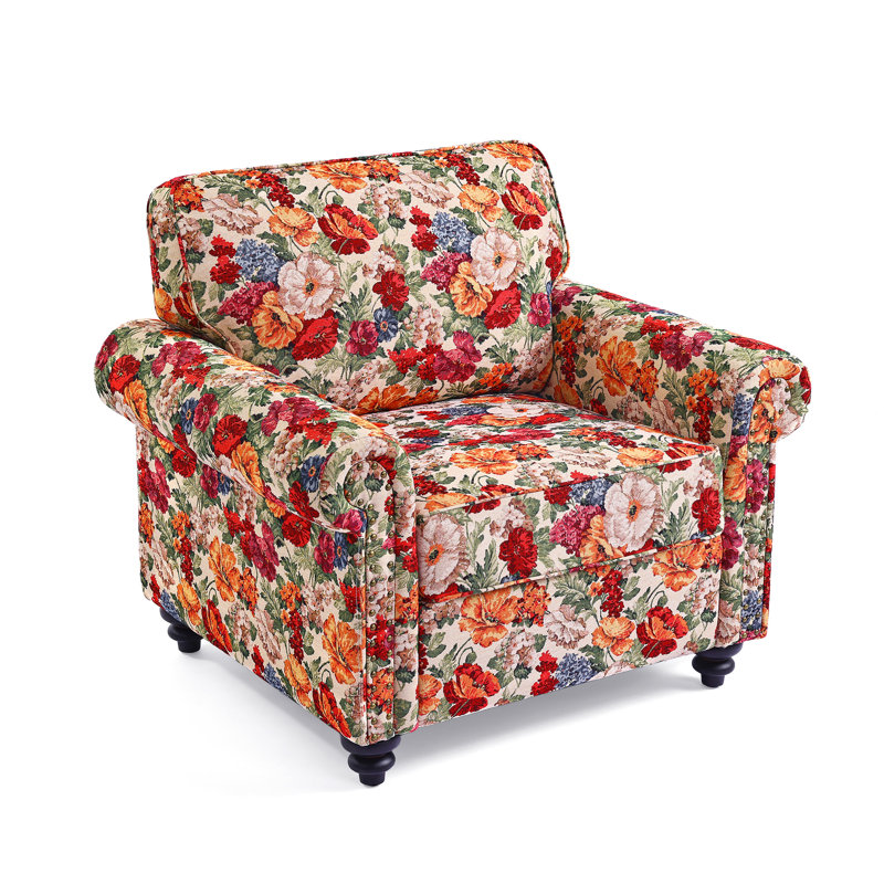 Upholstered Cotton Blend and Herringbone Armchair, Beige Floral