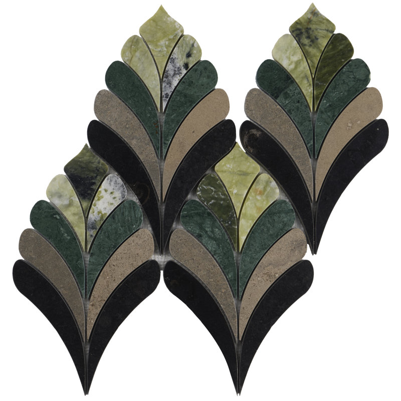 Konwalia 14x15 Floral Polished Marble Mosaic Tile, Verde Green