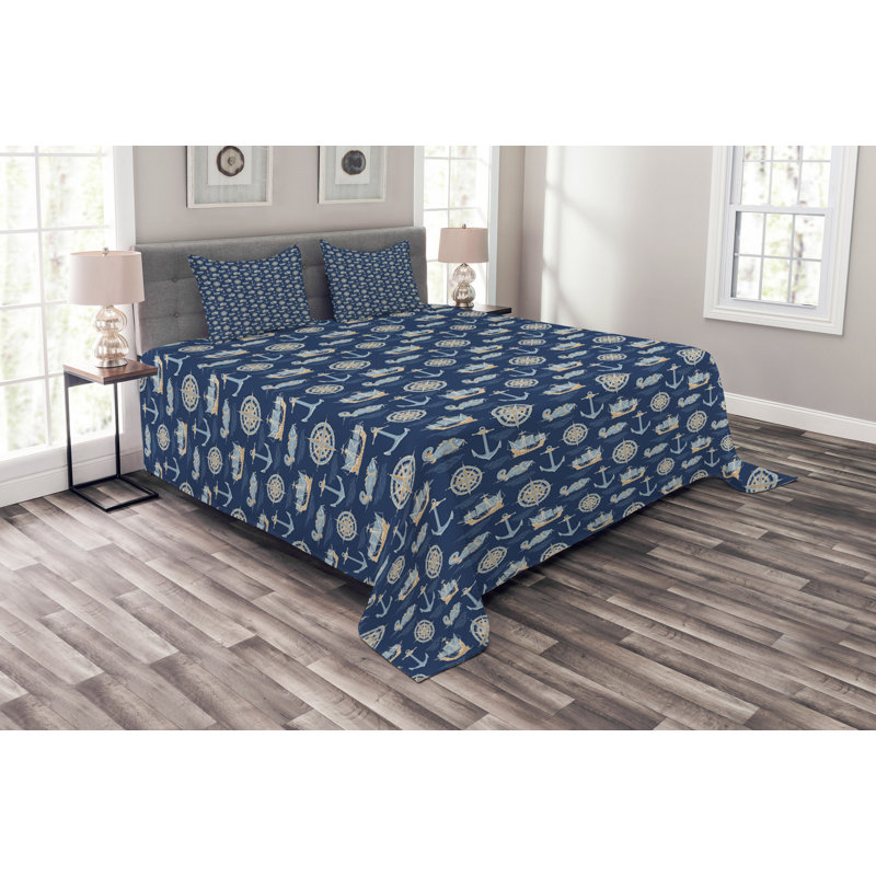 Acamas Blue/Beige Microfibre Bedspread Set, 220 x 264 cm