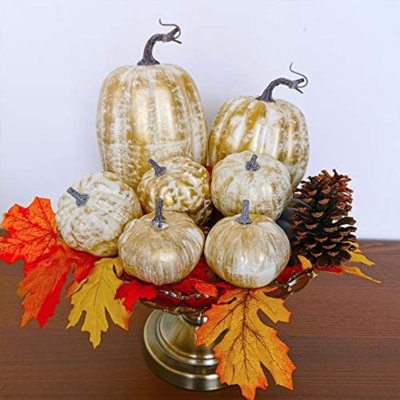 7 Pcs Assorted Sizes Fall Artificial Pumpkins Harvest Pumpkins Faux Foam Pumpkins For Fall Autumn Season Halloween Thanksgiving Harvest Holiday Season Festive Tabletop Decoration (Gold Brush White)