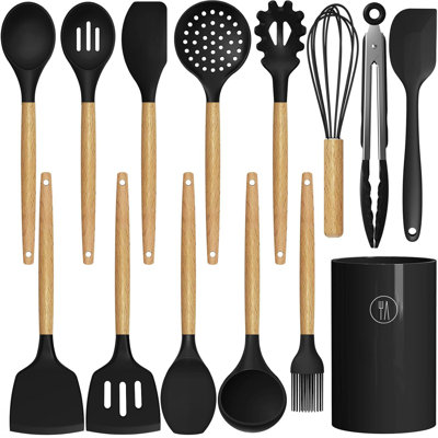 14 PCS Silicone Cooking Utensil Set, Wooden Handle Kitchen Utensils Set, Non-Stick,Heat Resistant, BPA Free