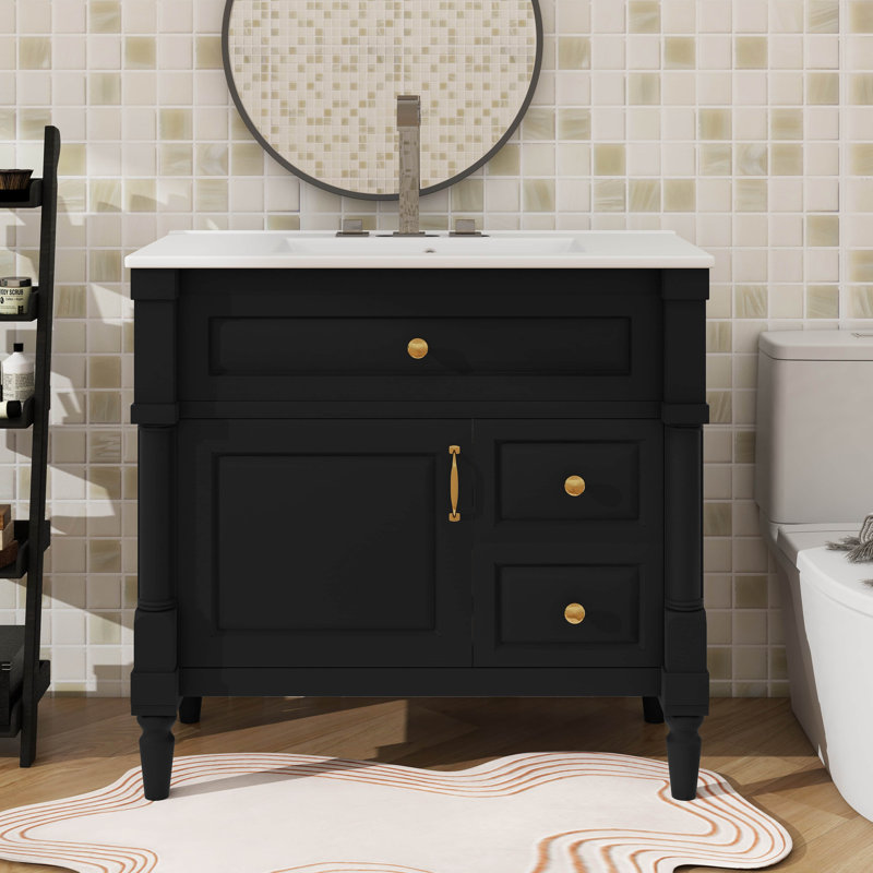 Meuble-lavabo autonome 36 po avec lavabo en céramique, tiroir rabattable, tablette réglable et poignées en métal 36 po