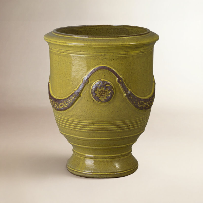 Anduze French Yellow Ceramic Round Planter with Drainage Hole, 23" H x 18.5" W x 18.5" D