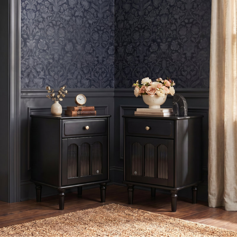 23"H Traditional Solid Wood Nightstand Set with Fluted Glass Doors, Storage Drawer, Set of 2, Rubberwood & Black Paint