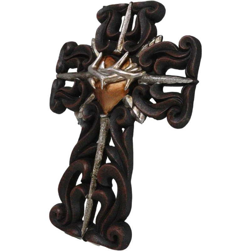 Rustic Sacred Heart Crown Of Thorns And Spike Nails Faux Wooden Wall Cross Décor