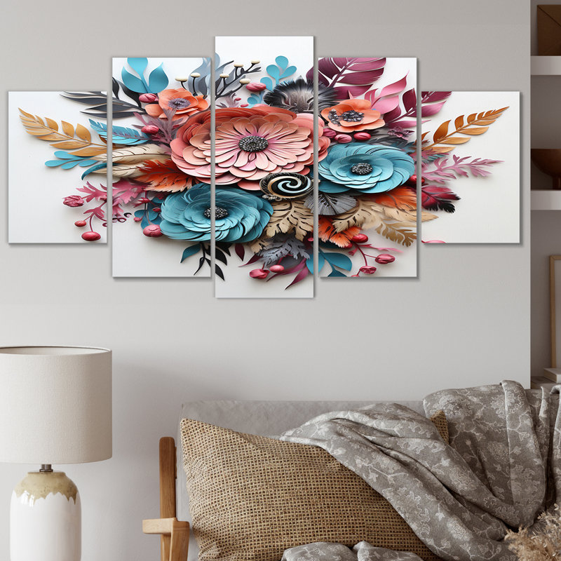Boho, bouquet de fleurs en bleu et rose - art mural abstrait sur toile botanique - 5 panneaux