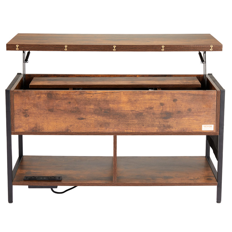 VEVOR Lift Top Coffee Table 39.4" Rectangle Coffee Table with Light & USB, Brown