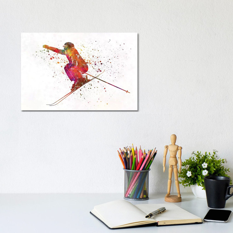 Woman Skier Skiing Jumping 03 In Watercolour by Paul Rommer - Wrapped Canvas Painting, 20.32cm H x 30.48cm W x 1.91cm D