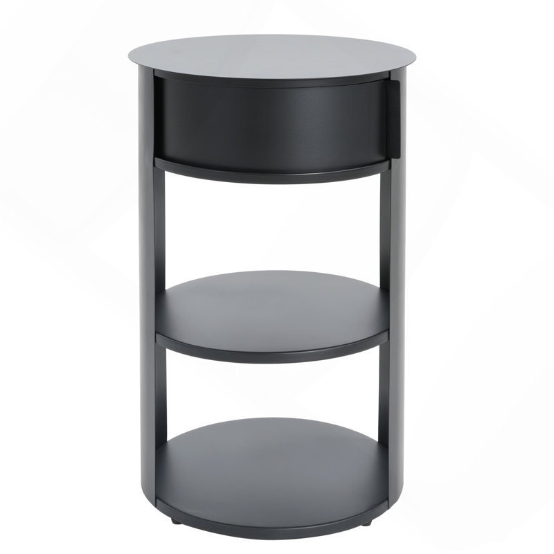 Table d'appoint ronde d'intérieur en métal à 3 niveaux avec armoire à porte coulissante, noir mat, Noir mat