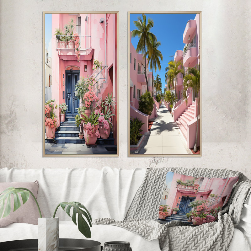 «Pink Miami Artful Facades», 2 pièces roses, H 20 po x l 24 po, Encadrement brun