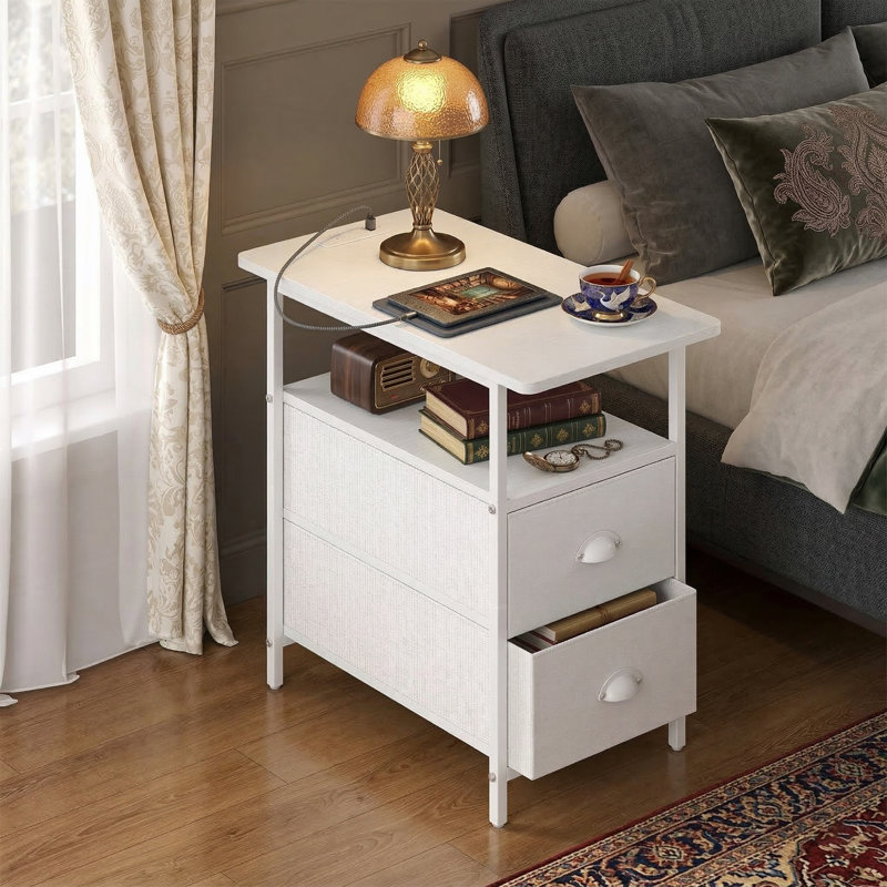 11.75" Narrow End Table With Charging Station - Slim Side Table With 2 Fabric Drawers & USB Ports - White Nightstand For Small Spaces