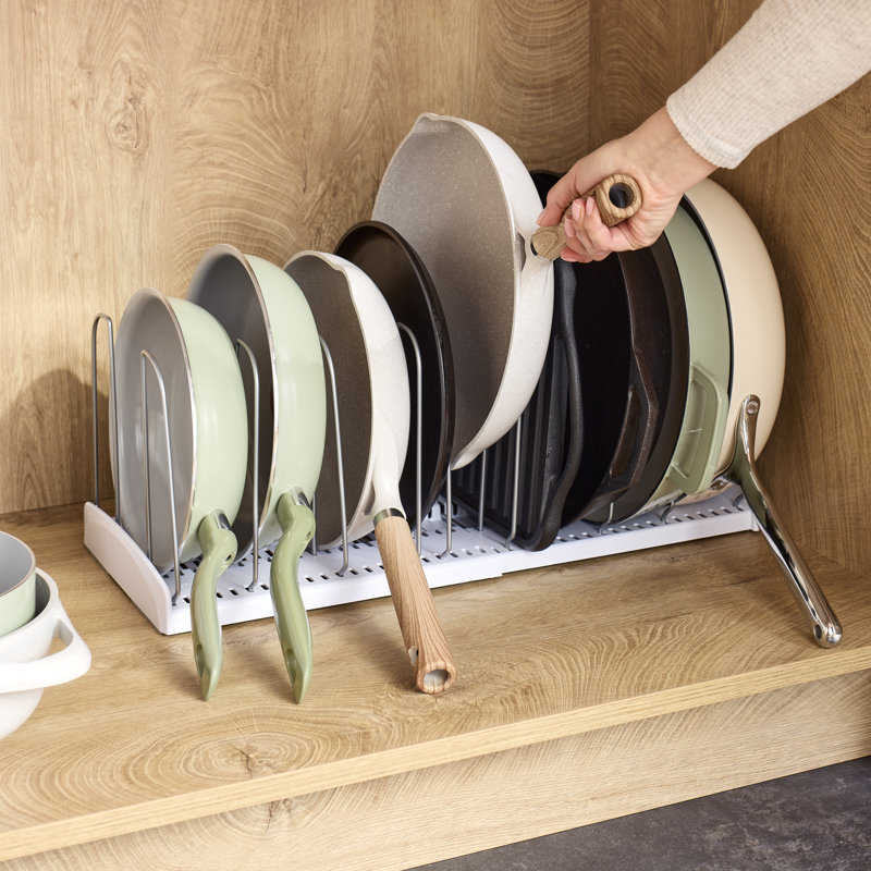 YouCopia StoreMore® Cookware Rack, Heavy-Duty Pot, Cast Iron, Pan and Lid Organizer with 9 Adjustable Slots for Kitchen Cabinet Storage, Expandable Length, Organizing Hero Collection