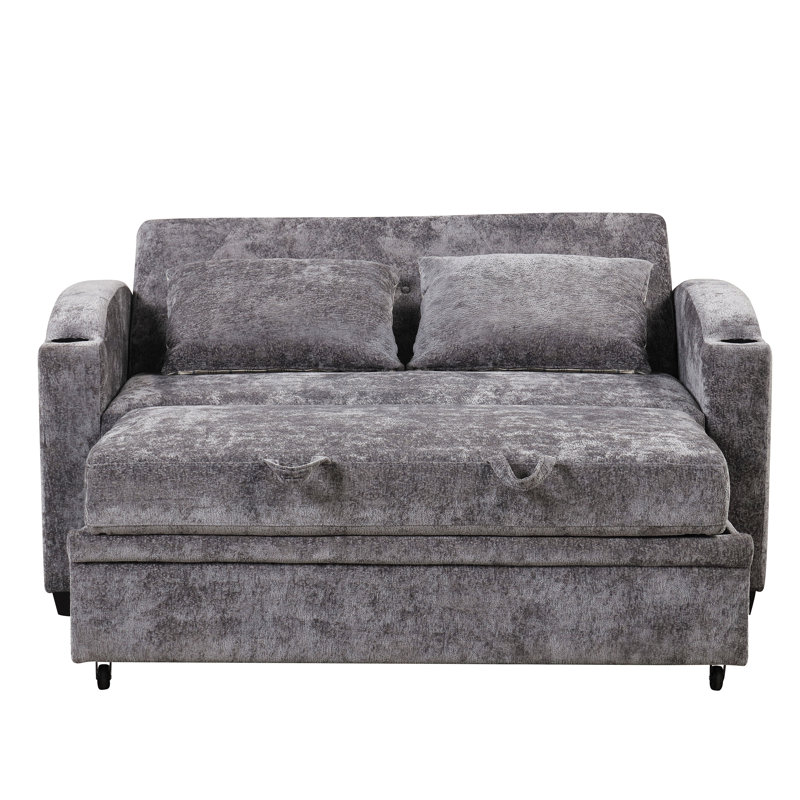 Canapé-lit convertible 61,6 po en chenille convertible moderne avec dossier réglable, 2 coussins, porte-gobelets, ports USB pour le salon, appartement