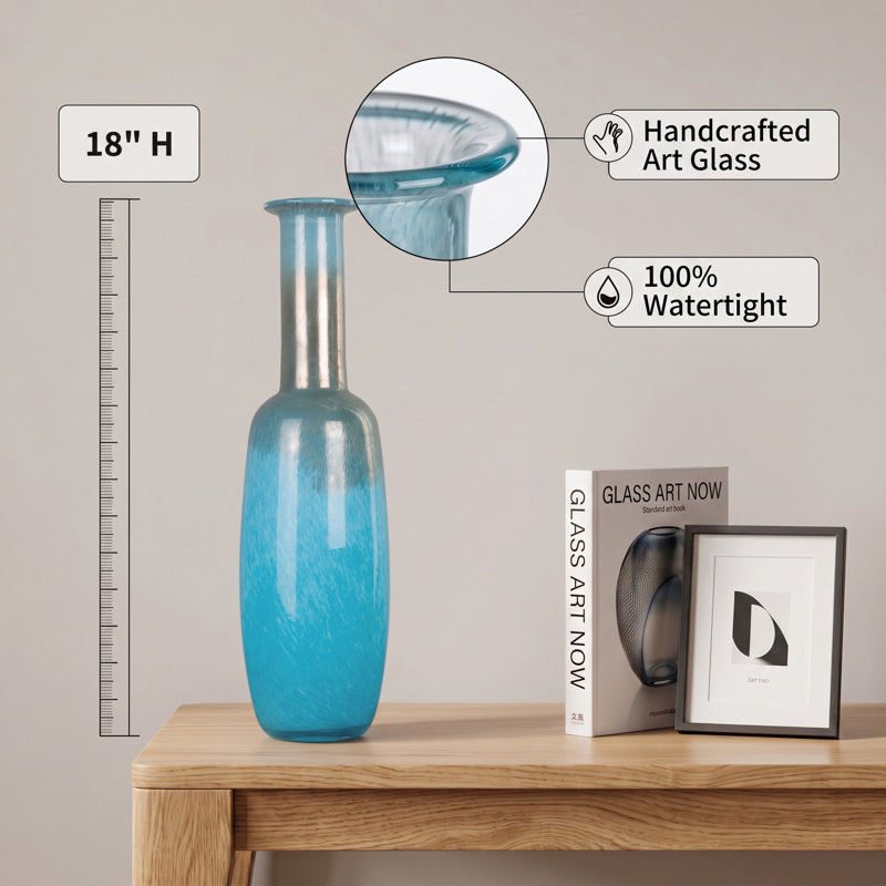 Hand-Blown Turquoise Blue Ombre Art Glass Vase, 18" Centerpiece for Fresh Flowers & Pampas Grass, 18" H x 5.25" W x 5.25" D