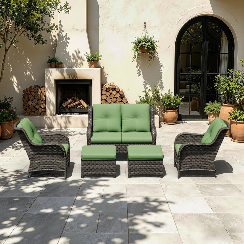 5-Piece All-Weather Wicker Patio Conversation Set With Loveseat, Arm Chairs & Ottomans, Outdoor PE Rattan Furniture With Cushions For Backyard, Porch & Deck