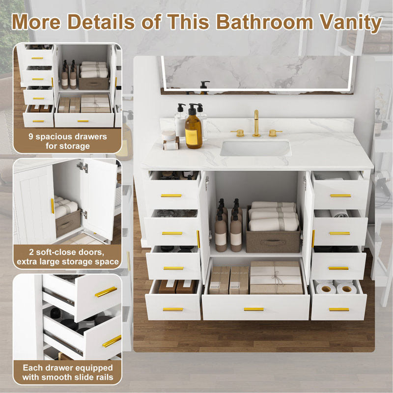 Meuble-lavabo moderne en bois massif de 48 po avec lavabo, comptoir en quartz blanc de Carrare de 49 po avec 3 trous prépercés pour robinetterie, 2 portes doubles à fermeture douce et 9 tiroirs spacieux avec glissières (bleu)