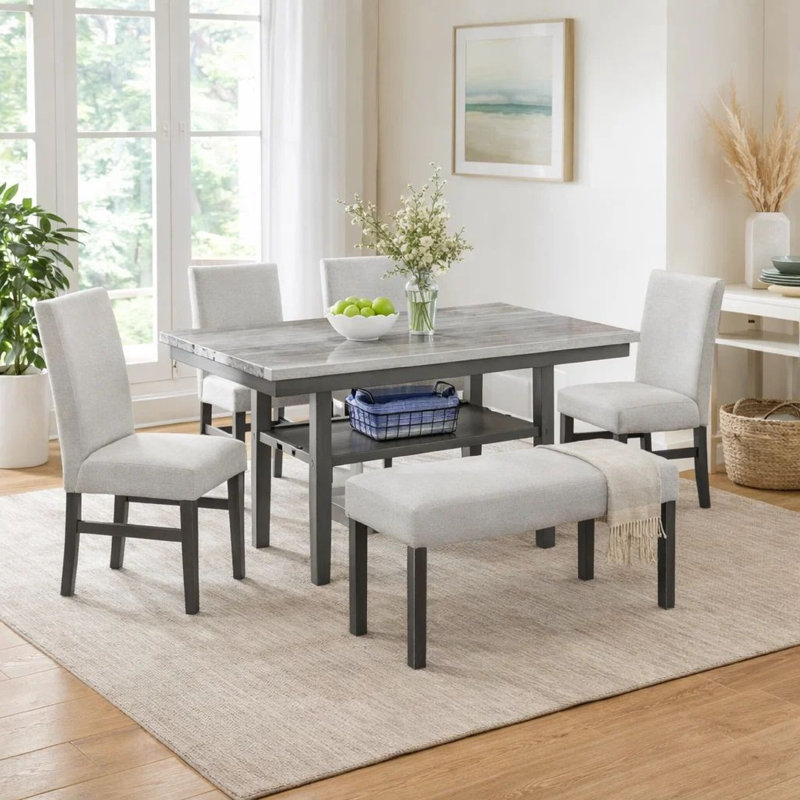 Ensemble de salle à manger 6 pièces Jeny, plateau en faux marbre 60 pouces avec 4 chaises et banc gris