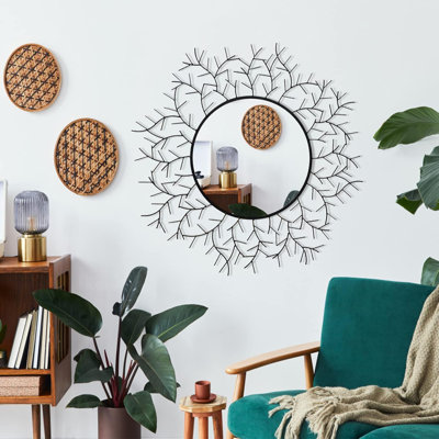 Miroir mural rond, miroirs circulaires de 30 pouces pour la décoration murale, miroirs décoratifs en métal noir pour le hall d'entrée de la chambre à coucher