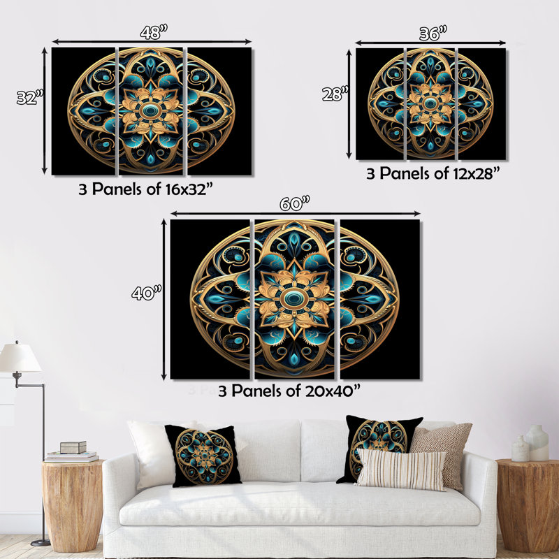 Ancienne Atlantis Mandala en or et turquoise II - ensemble d'impressions sur toile Boho Mandala, H 28 po x l 36 po x P 1 po