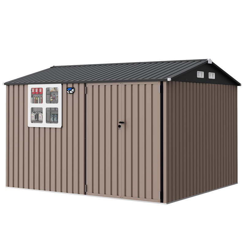 8x6 FT Metal Storage Shed w/ Window & Solar LED Light, Waterproof Garden Tool House, Lockable Door, Vented Roof for Backyard Patio