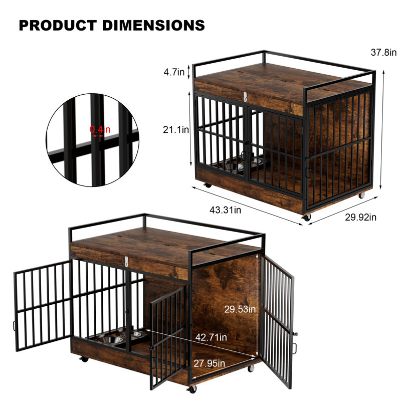 43" Furniture-Style Dog Crates for Large Dogs, Wood Dog Cage House with Wheels & 2 Bowls for  Indoor Outdoor