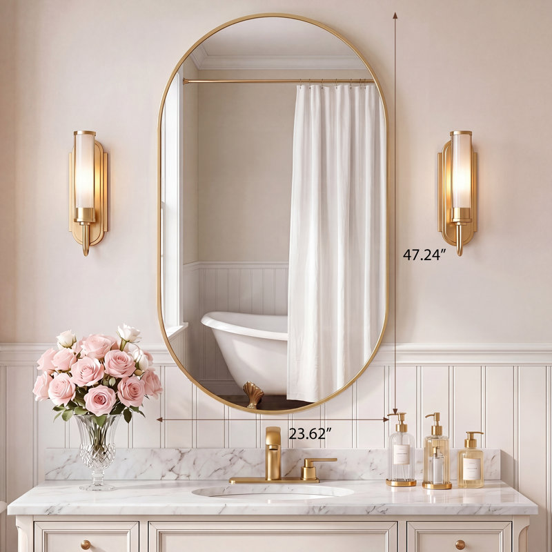 Modern Aluminum Frame Oval Wall Bathroom Mirror, Pill Shaped Vanity Mirror, Gold, 47.24" x 23.62"