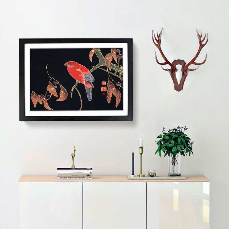 Red Parrot by Ito Jakuchu - Picture Frame Painting Print, Black Framed, 36cm H x 48cm W x 2cm D