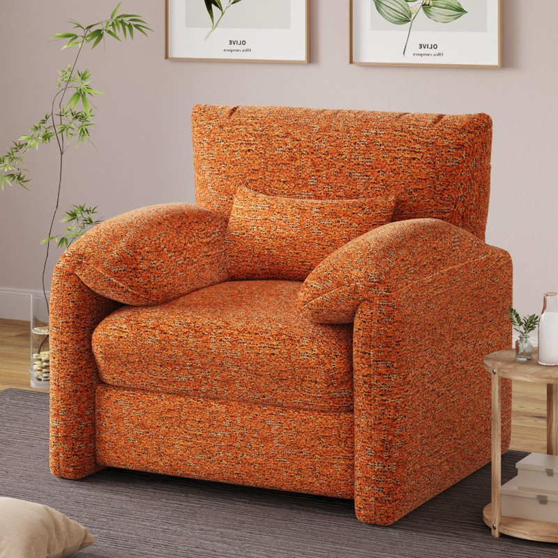 Fauteuil surdimensionné avec accoudoirs confortables Mid-Century, Chenille orange