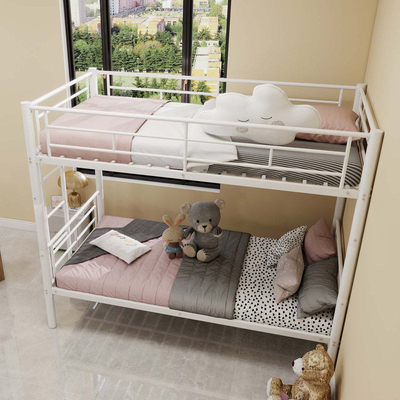 Lit superposé en métal, structure de lit en métal avec échelles et garde-corps, 2 lits convertibles, sans sommier requis