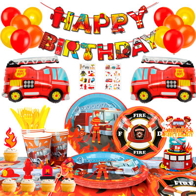 Fournitures de fête d'anniversaire de camion de pompiers, 155 pièces décorations de fête d'anniversaire de camion de pompiers pour garçons