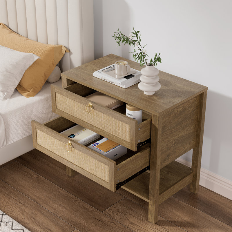 Pomodoro Rattan Nightstand With 2-Drawer And 1 Open Shelf, Cherry, Set of 2