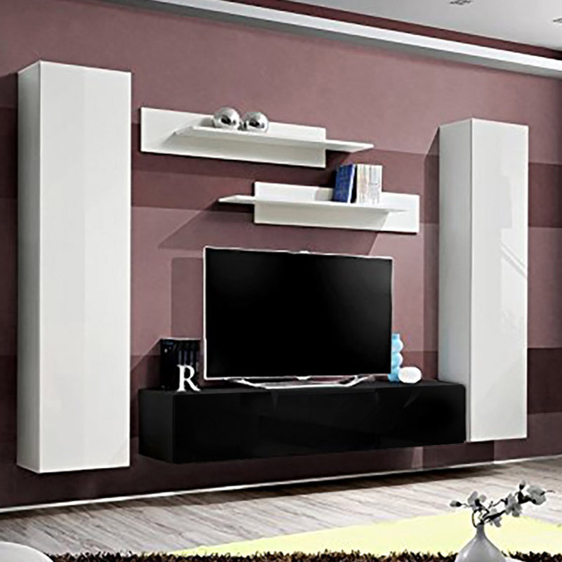 Volpe 100" Modern Floating Wall Mounted Entertainment Center with 16-Color LED Lighting, High Gloss Finish, White/Black