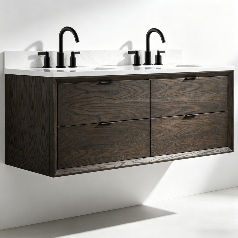 Meuble-lavabo flottant double 60 po avec dessus en pierre reconstituée 60 po, Brun