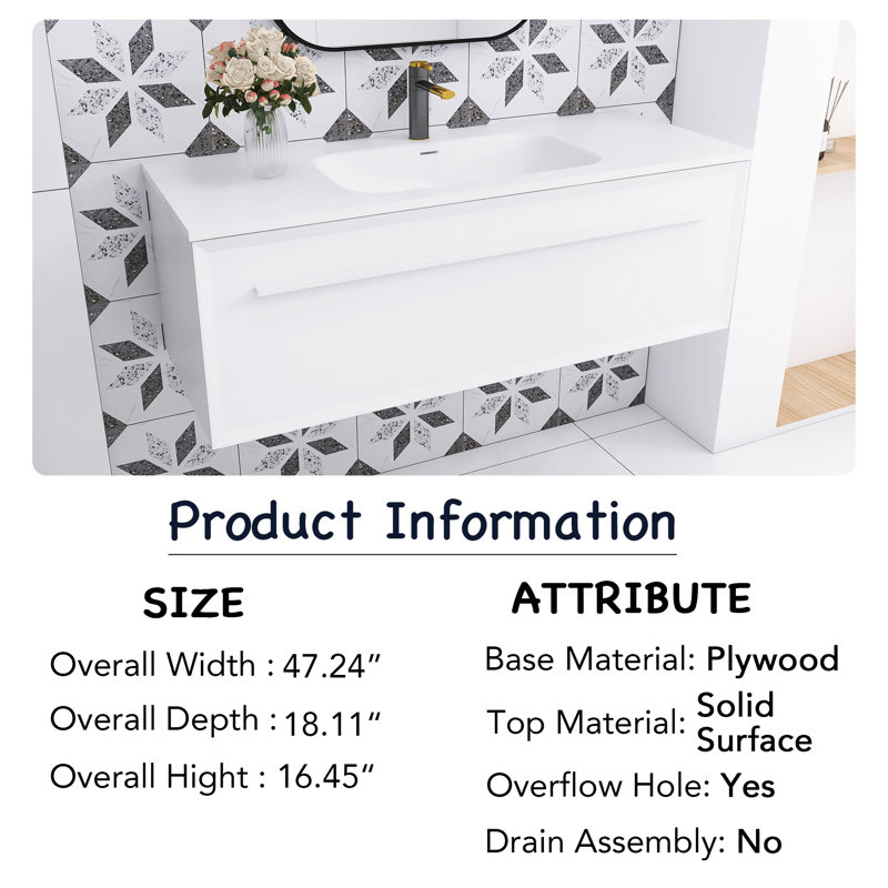 48 in. White Plywood Wall-Mounted Single Sink Vanity with Solid Surface Top