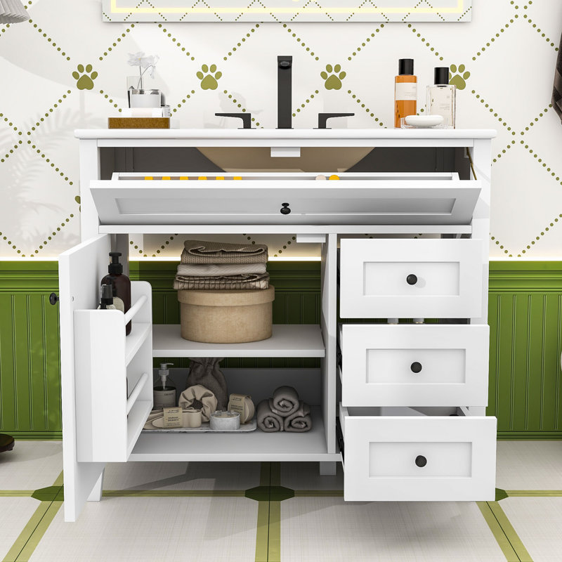 Meuble-lavabo autoportant moderne avec lavabo en céramique durable, tablette réglable et rangement spacieux, White