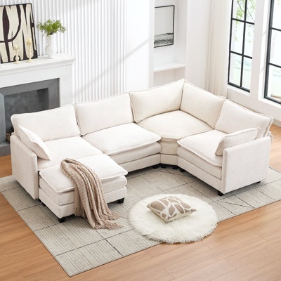Beige Chenille Modular L-Shape Corner Sectional Sofa With Removable Ottoman, Oversized Deep Seat Couch