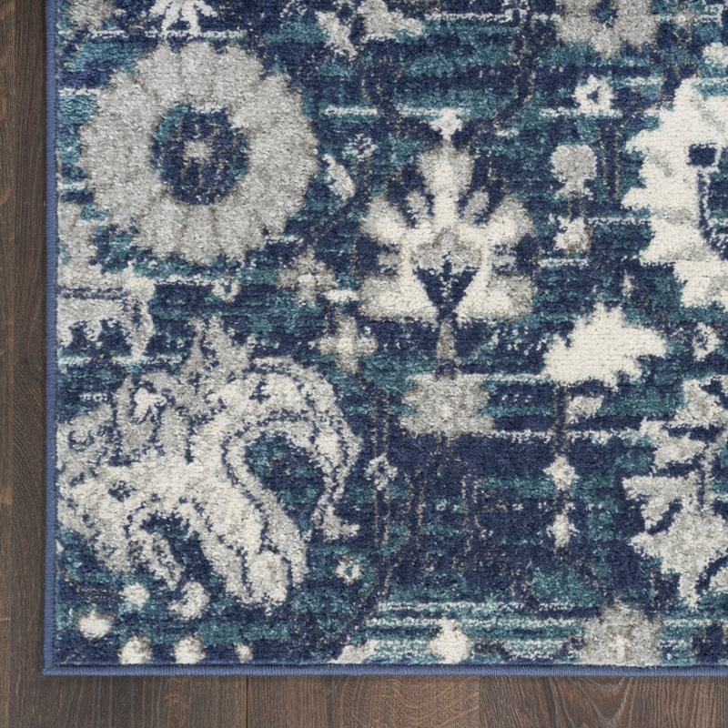 Tapis floral bleu en polypropylène tissé à la machine, Tapis de couloir 2 pi 2 po x 10 po