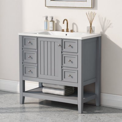 Ensemble de meuble-lavabo 36 po avec lavabo | Structure en bois massif, 3 tiroirs + armoire, lavabo demi-lune en céramique, tablette réglable, robinet 4 po