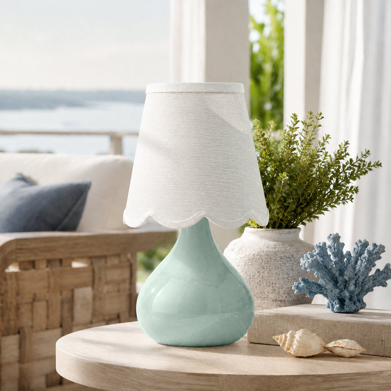 14" Cordless Sage Green Ceramic Bedside Lamp with Scalloped Linen Shade and LED Bulb, Green