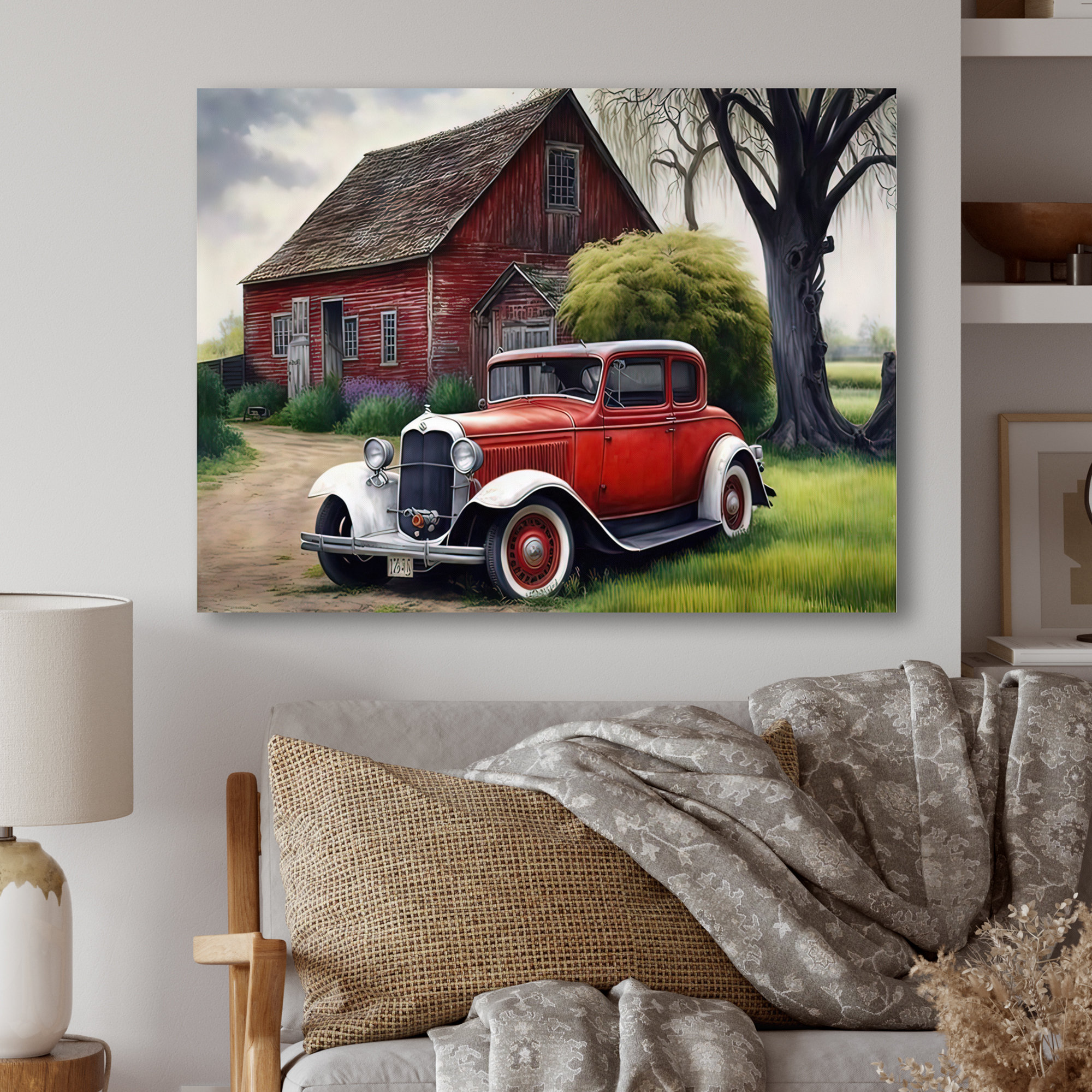 17 Stories Old Vintage Car At The Barn On Canvas Painting Wayfair