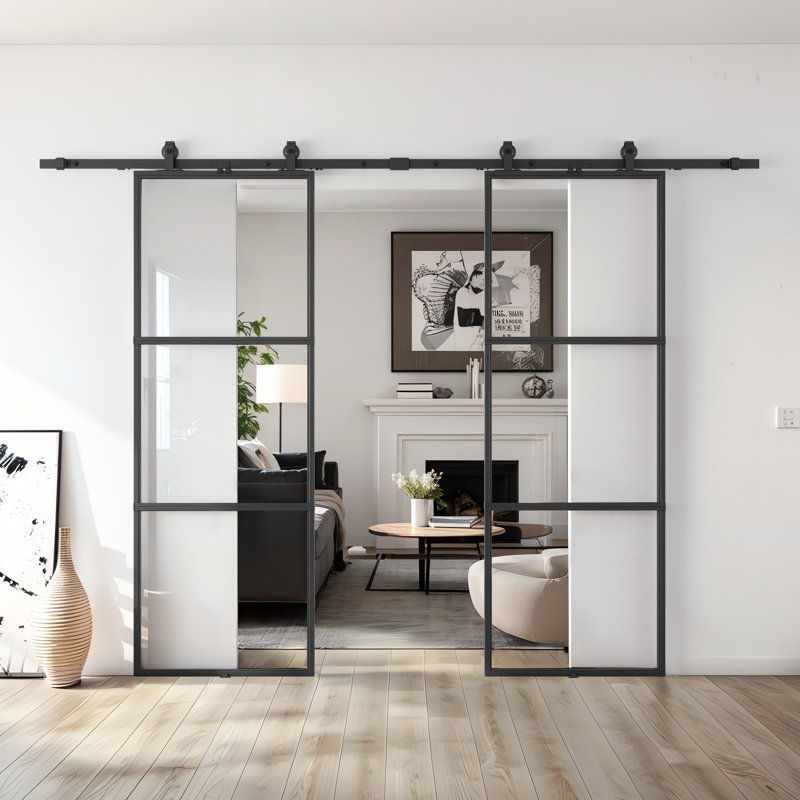 Porte de grange double coulissante en métal et en verre avec quincaillerie d'installation (fermeture en douceur incluse)
