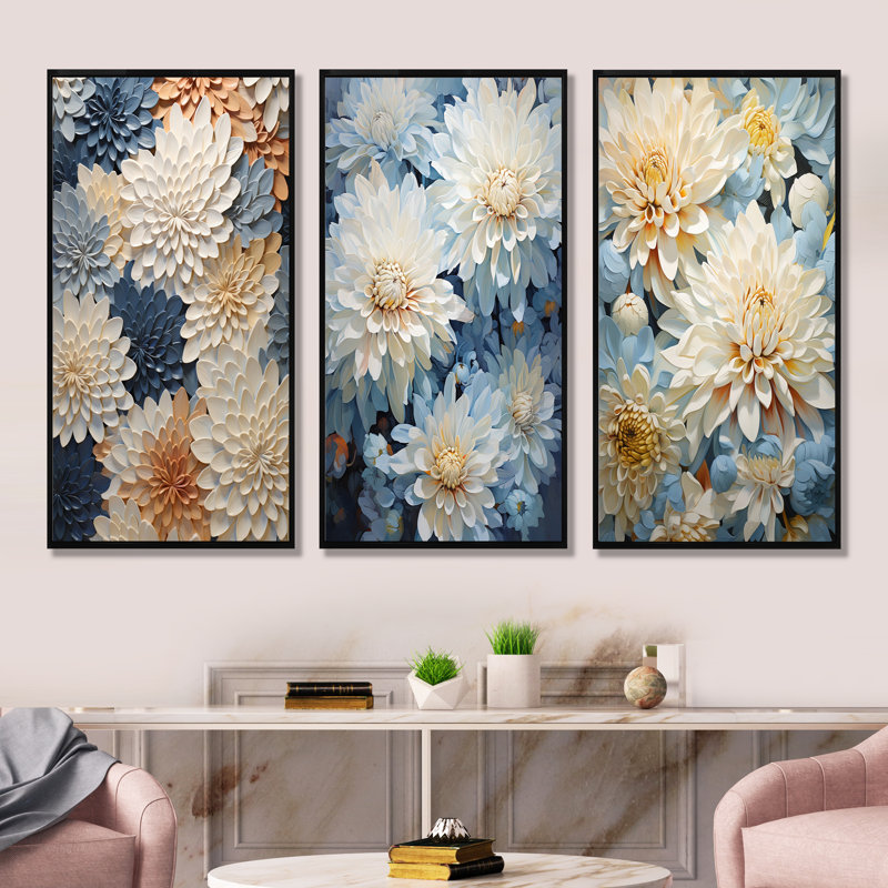 «Garden Bliss Mums» en blanc et bleu - ensemble de 3 impressions murales «Mums», Cadre flottant noir, H 28 po x l 36 po